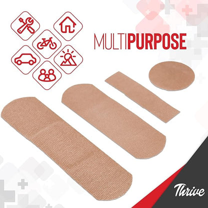 Thrive Adhesive Bandages (Pack of 305)- Multipack- Fabric with Storage Bag, Tough and Flexible Waterproof Bandages Variety Pack for Kids and Adults, Small, Medium, Large, and Circular Sizes Included
