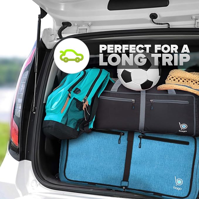 Bago Foldable Duffel Bags for Traveling Women & Men - 40L Sports Packable Duffle Bag for Travel with Shoe Compartment - Water Repellant, Heavy Duty, Lightweight Folding & Collapsible (SnowBlue)