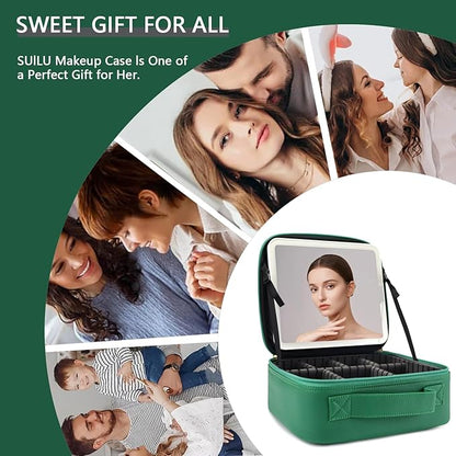 Makeup Bag with Led Mirror,Travel Makeup Organizer with 3 Color Setting & 10X Magnifying Mirror, Portable Storage and Adjustable Dividers Travel Makeup Bag-Dark green