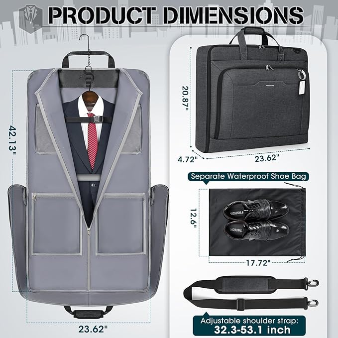 RAINSMORE Garment Bags for Travel Carry On Garment Bag for Hanging Clothes, Suit Bag for Business Trips with Shoes bag & Shoulder Strap, Waterproof Foldable Suit Luggage Bag for Men Women, Gray