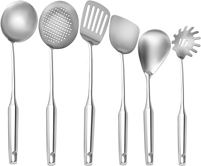 6 Pc Stainless Steel Cooking Utensils Set with Ergonomic Handles – Heat Resistant Kitchen Tools Includes Slotted Spatula, Skimmer Ladle, Spatula, Serving Spoon, Pasta Spoon Ideal for Cooking