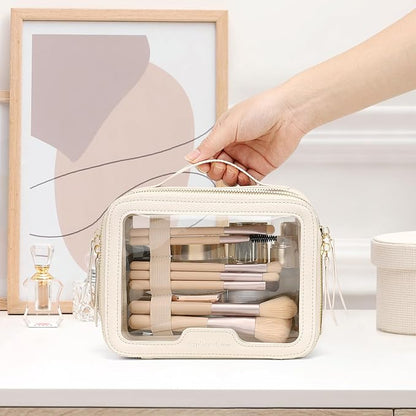 PACKISM Double Layer Clear Makeup Bag - Pebbled Texture & Hard PU Leather Car Bag Organizer for Car Essentials, with Message Card Travel Cosmetic Bag for Women Gift (Cream 2 Layer)