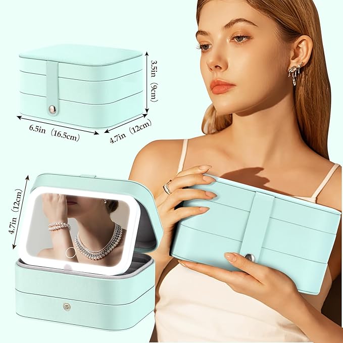 Travel Jewelry Case with LED Lighted Mirror, Personalized Birthday Gifts for Women Girls Kids, 2-Layer Portable Travel Jewelry Organizer, Travel Essentials (Cyan Blue)