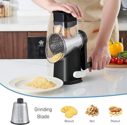 VEKAYA Cheese Grater, Cheese Grater Hand Crank, 4 Interchangeable Blades Cheese Shredder, Vegetable Slicer, Non-slip Suction Base, Easy to Clean Rotary Grater with Handle (Black)