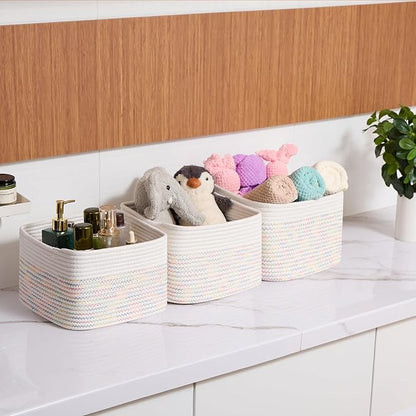 Small Organizing Baskets for Cubes Shelf, 9.7x9.7x7.1 Inch Rope Woven Storage Bins for Nursery Shelves Storage, Cute Toy Basket, Square 3 Packs Off White Rainbow