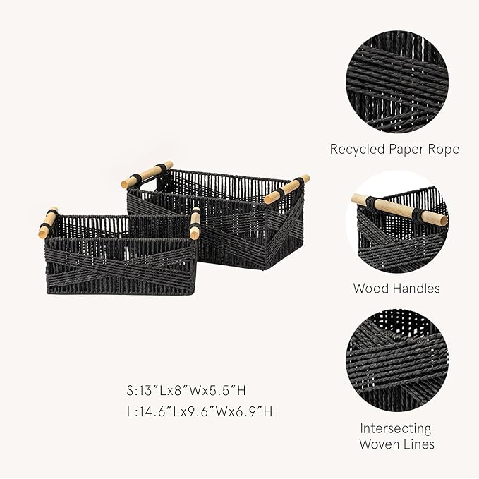 LA JOLIE MUSE Wicker Storage Baskets for Organizing, Recyclable Paper Rope Basket with Wood Handles, Decorative Hand Woven Basket Organizers for Makeup Books Shelves Living Room, Black, Set of 2
