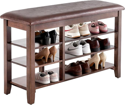PY HOME & SPORTS Shoe Rack for Entryway 31.5": 3-Tier Shoe Storage Bench,Adjustable/Removable Shelves, Rubberwood Shoe Benches for Hallway, Porch, Bathroom, Brown