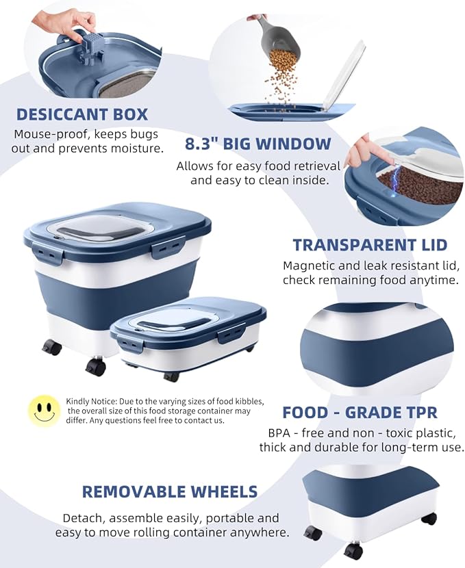 20-30 Lbs Rice Storage Container,Collapsible Food Storage Containers with Rolling Wheel Airtight Locking Lid,Flour Storage Container with Cup and Scoop,Suitable for Food,Rice,Pet Food,Flour