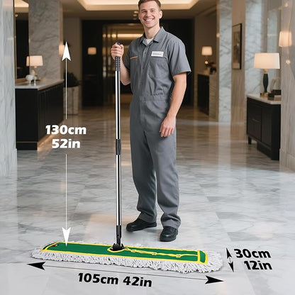 42" Commercial Dust Mop for Floor Cleaning, MASTERTOP Large Flat Mop with Long Handle, Sweeping Broom with 2 Different Mops Pads, Industrial Mop for Hardwood, Tile, Gym, Office, Mall, Warehouse