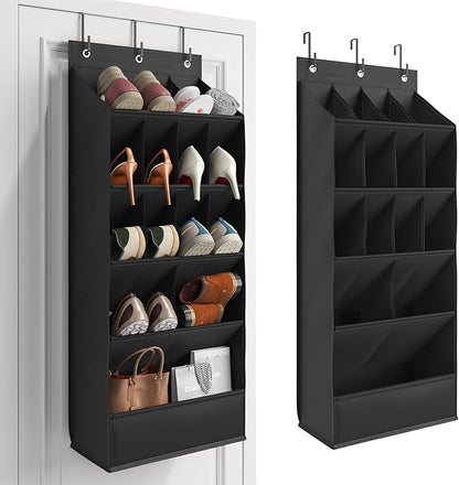 Over the Door Shoe Organizer for Closet, Shoes Rack for Closet with 15 Large Pockets, Hanging Shoe Organizers for Boot Storage, Behind the Door Narrow Shoe Holder for Small Shoes, Black