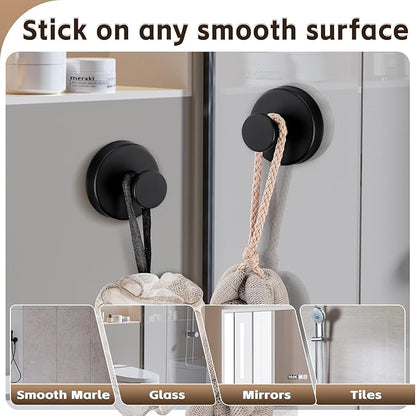 Reusable Heavy Duty Suction Cup Hooks for Kitchen/Bathroom/Shower - Wet-Proof Hooks for Towels, Robes, Loofah&Wreaths/No Drill Mounting on Glass, Tile, Metal (4, Matte Black)