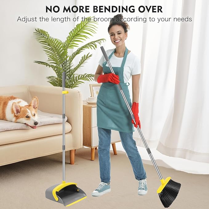 NACENA Broom and Dustpan Set, 55-in Long Adjustable Handle Broom Dustpan Combo with Dustpan Teeth to Automatically Clean Hair Suitable for Home Kitchen Office Hall Floor, Large(Grey&Yellow)