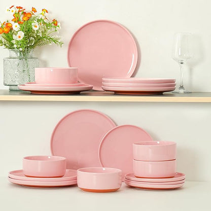 24 Piece Dinnerware Sets for 8, Dual Glaze Stoneware Plates and Bowls Set, Microwave and Dishwasher Safe, Pink