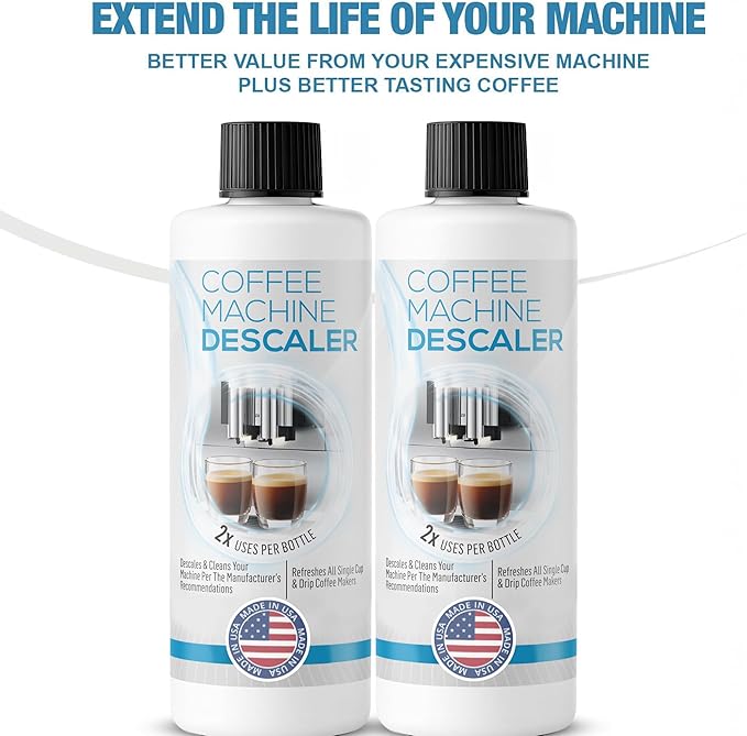 Descaling Solution for Coffee & Espresso Machines - 2 Bottle Pack (4 Uses) - Universally Compatible Descaler Cleaner for Keurig, Breville, Nespresso, Delonghi & All Single Use or Drip Machines