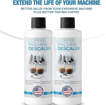 Descaling Solution for Coffee & Espresso Machines - 2 Bottle Pack (4 Uses) - Universally Compatible Descaler Cleaner for Keurig, Breville, Nespresso, Delonghi & All Single Use or Drip Machines