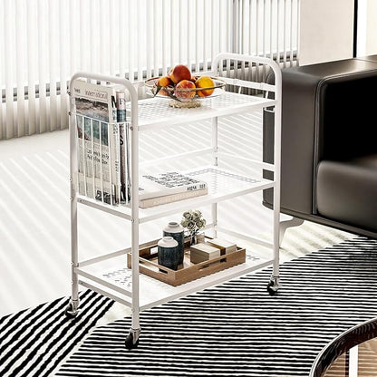 HDANI 3 Tier Metal Mesh Utility Cart,Large Capacity Multipurpose Heavy Vehicle,Rolling Trolley with to Hooks and One Basket(White)