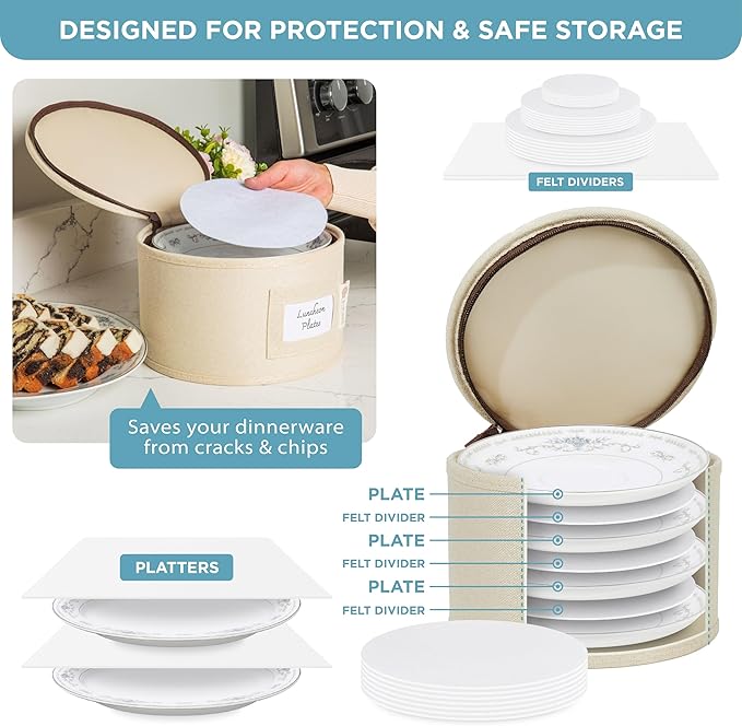 Hard Shell China Storage Containers 12-Piece Set Moving Boxes for Dinnerware, Glasses, Plates, Mugs and Saucers Sturdy Dish Organizer with Dividers for Seasonal Storage - Service for 12 - Beige