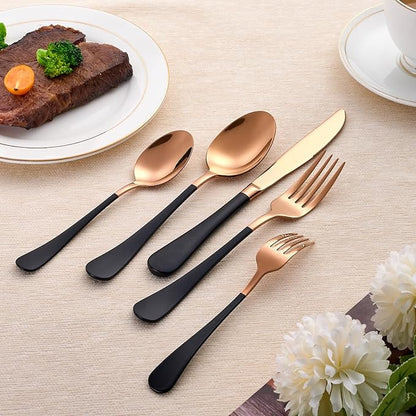 20-Piece Black and Rose Gold Silverware Set 18/0 Stainless Steel Silverware Set Black Handle Cutlery Set Service for 4 Dinner Knives Forks Spoons Set Flatware Set Finish Dishwasher Safe