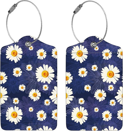 2 Pcs Luggage Tags for Suitcase, Cute Unique PU Leather Travel Bag Tag with Privacy Cover ID Label Address Card and Durable Metal Ring Suitable for Men Women Children Backpack,White Daisy
