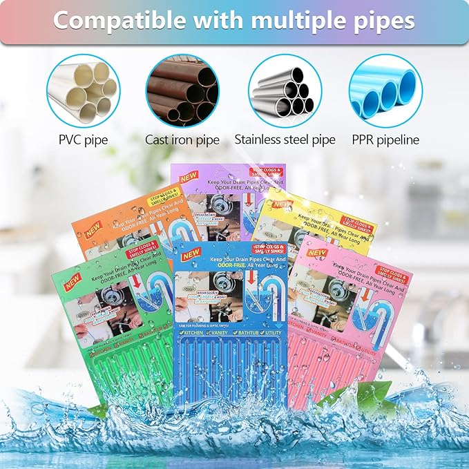 72pcs Drain Cleaner Deodorizer Sticks - Keep Drain Pipes Clear, Prevent Clogs for Kitchen, Bathroom, Toilet (6 Color)