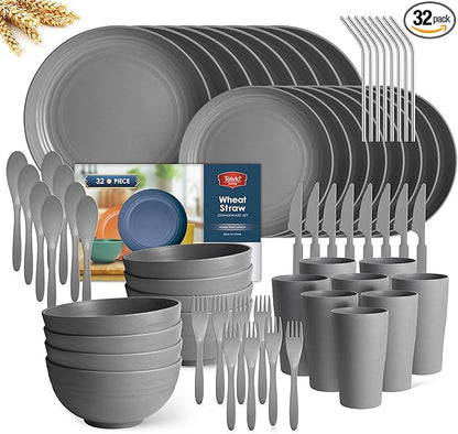 Teivio 32-Piece with Flatware Kitchen Plastic Wheat Straw Dinnerware Sets, Service for 8, Dinner Plates, Dessert Plate, Cereal Bowls, Cups, Unbreakable Plastic Outdoor Camping Dishes, Grey