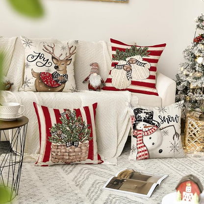 AVOIN colorlife Christmas Snowman Reindeer Gloves Eucalyptus Red Throw Pillow Covers, 20 x 20 Inch Winter Holiday Stripes Cushion Case Decoration for Sofa Couch Set of 4