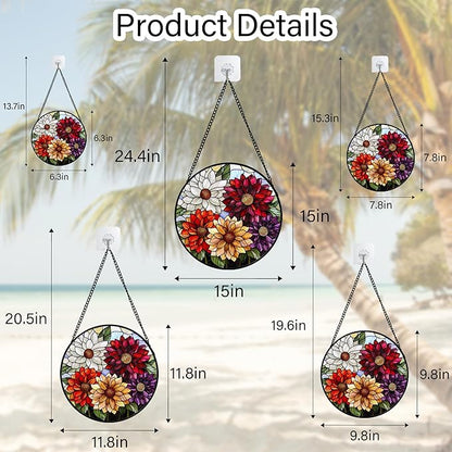 Stained Glass Window Hanging, Colorful Flowers Sun Catcher for Window Door Home Decor Plant Suncatcher Christmas Mother's Day Birthday Gifts for Women Men Mom and Nana 9.8 in