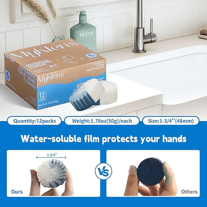 Toilet Bowl Cleaner Tablets, Automatic Toilet Tank Cleaner for Deodorizing & Descaling, Long-Lasting with Sustained Release Technology for Bathroom Cleaners, Blue & White, 12 Packs