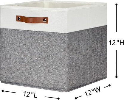 HNZIGE Fabric Storage Cubes 12x12 Cube Storage Bins, Set of 4, Decorative Cube Organizers Bins for Shelves with Handles,Foldable Bins for Cube Organizer Home Toy Nursery Closet(White Gray)