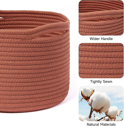 Small Basket for Organizing | Cube Shelf Closet Storage Baskets | 9.7×9.7×7.1” | Woven Rope Gift Basket | Nursery | Round 3 Packs Oxide Red