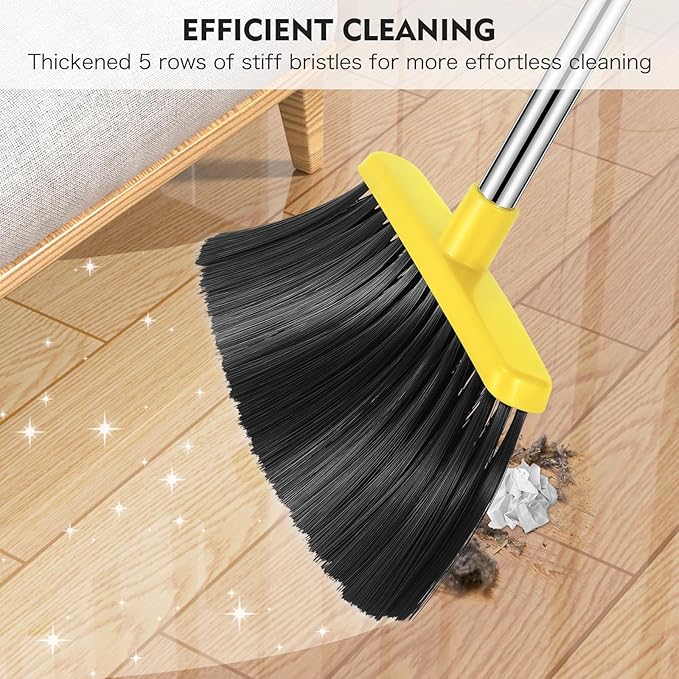 NACENA Broom and Dustpan Set, 55-in Long Adjustable Handle Broom Dustpan Combo with Dustpan Teeth to Automatically Clean Hair Suitable for Home Kitchen Office Hall Floor, Large(Grey&Yellow)