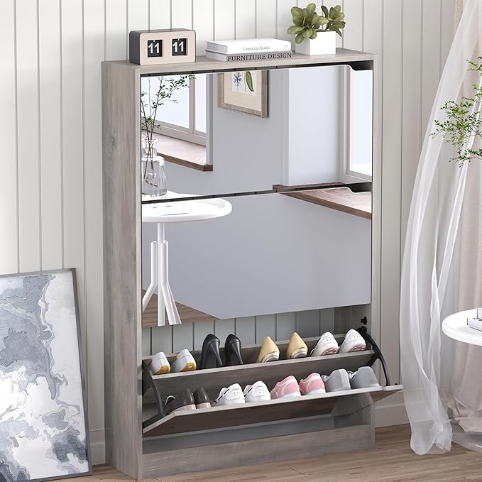 Shoe Cabinet with 3-Flip Mirror Drawers, Freestanding Shoe Rack Organizer with Hidden Handle, Slim Narrow Shoe Storage Cabinet for Entryway, Entrance, Hallway, Bedroom