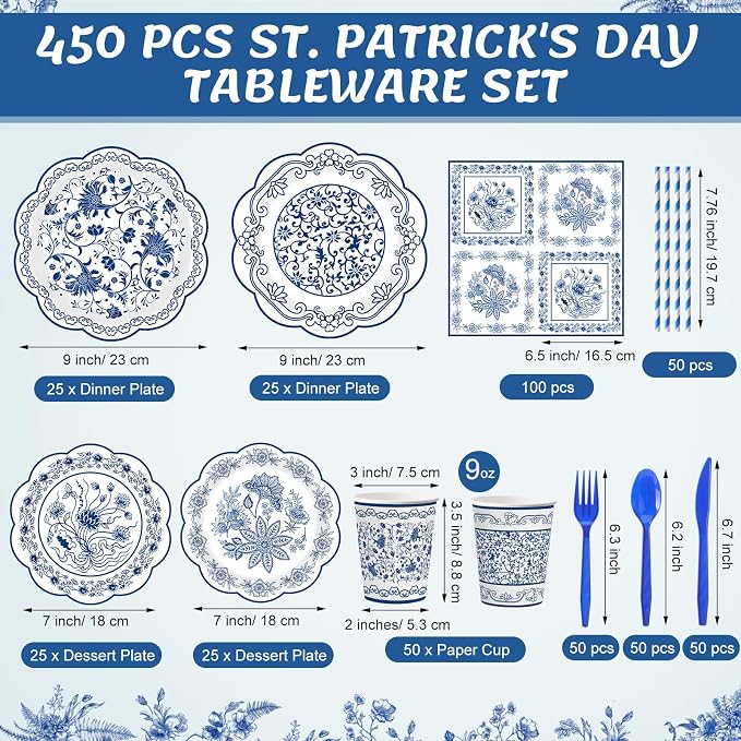 450 Pcs Blue Floral Tableware Set Decorations, Serves 50 | Blue White