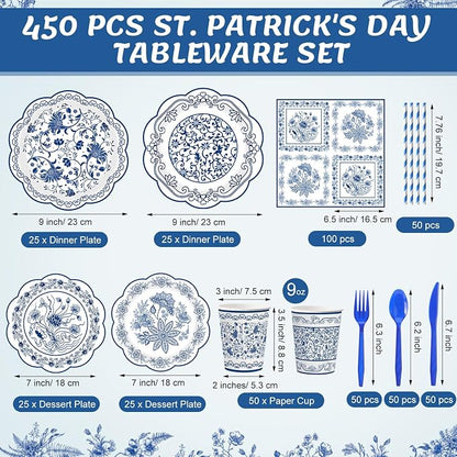 450 Pcs Blue Floral Tableware Set Decorations, Serves 50 | Blue White