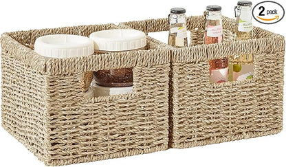Seagrass Wicker Basket, Decorative Woven Baskets with Built-in Handles, Hand-woven Storage Organizer for Organizing Pantry, Shelves, Laundry, Livingroom, Bedroom, Toilet(2-PACK, Natural)