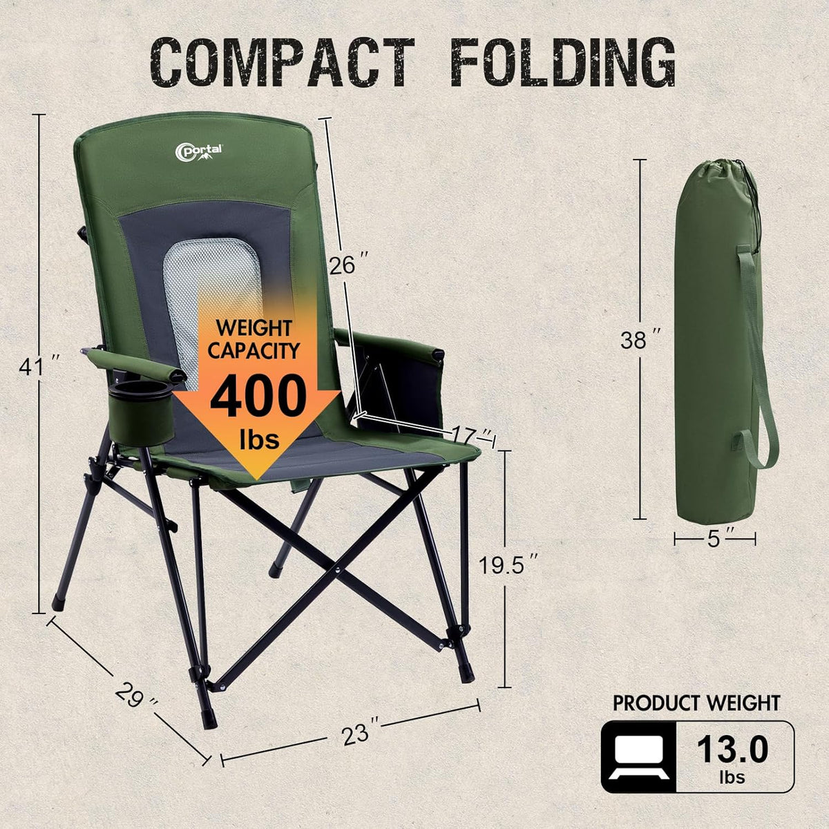 PORTAL Oversized Folding High Back Portable Lawn Chairs for Adults Outdoor Camp Sports Hunting Fishing Backyard with Hard Armrest Cup Holder Carrying Strap, Supports 400LBS, Green