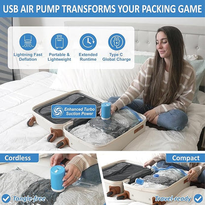 Cozy Essential Travel Vacuum Bags with Rechargeable Electric Pump, 10 Pack Vacuum Travel Bags for Luggage and Suitcase, Vacuum Seal Space Saver Compression for Clothes Clothing