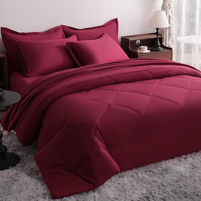 NTBAY Queen Comforter Set with Sheets, 7 Pieces Soft and Breathable Queen Bedding Set, Bed in a Bag, Down Alternative Comforter Set Solid Color All Season, Queen Bedding Set, Wine Red