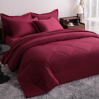NTBAY Queen Comforter Set with Sheets, 7 Pieces Soft and Breathable Queen Bedding Set, Bed in a Bag, Down Alternative Comforter Set Solid Color All Season, Queen Bedding Set, Wine Red