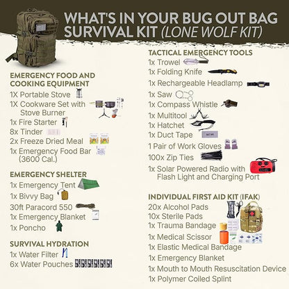 72-Hour Survival Kit | Emergency Bug Out Bag with First Aid, Water Filter, Food, Tools | 45L Tactical Backpack for Camping, Hiking, Outdoor Emergency Preparedness