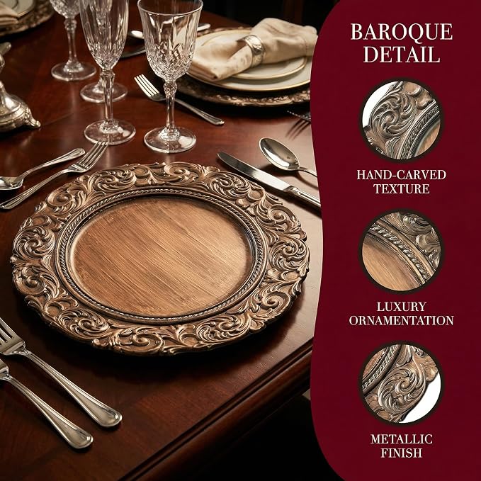 Brown Charger Plates Set of 6, Faux Wood Plate Chargers, 13 Inch Plastic Charger