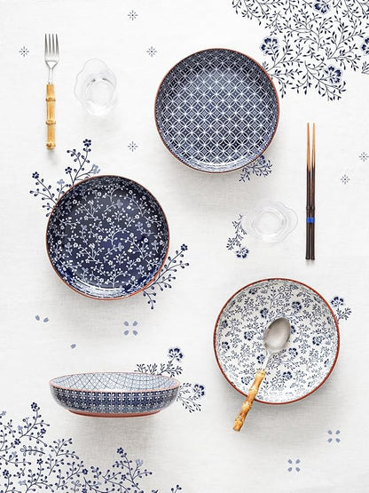 LE TAUCI Pasta Bowl 32 oz, Salad Bowl Serving Plate Bowls, Housewarming Wedding Present, Japanese-Style Ceramic Bowls for Pasta, Fruits, Salad, Noodle, Dinner - 8.2 Inch, Set of 4, Vintage Blue