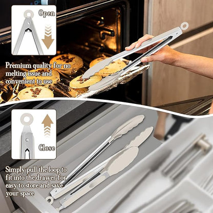 TeamFar Kitchen Tongs, 9" and 12" Stainless Steel Cooking Tongs with Silicone Tips for Cooking Grilling Serving & BBQ, Heat Resistant Silicone Tongs, Locking Design & Dishwasher Safe, Set of 2 & Khaki