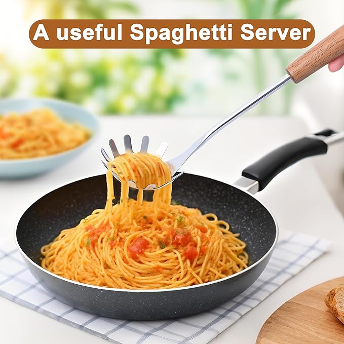 FJNATINH Stainless Steel Kitchen Utensils Set with Wood Handle Nonstick Stainless Steel Cooking Utensils Set with Turners,Spatula,Ladle,Skimmer,Solid Spoon,Pasta