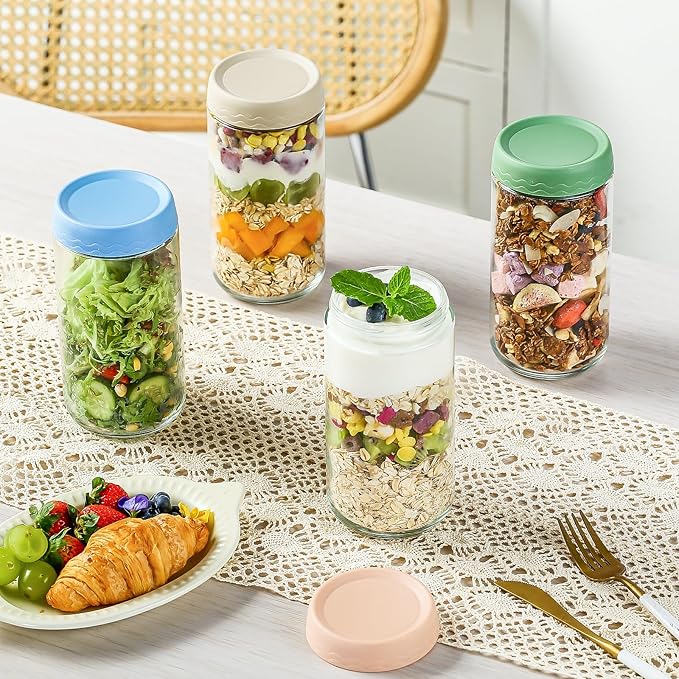 DRKIO 24 Oz Overnight Oats Containers with Lids - 4 Pack Glass Storage Jars with Airtight Lids Wide Mouth Mason Food Jars Great for Meal Prep Salad Chia Pudding Snacks Yogurt Sugar Spice Cereal