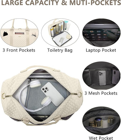 Weekender Travel Duffle Bag for Women - Carry on Bag with Shoe Compartment Overnight Bags with Toiletry Bag Wet Pocket Weekend Traveling Yoga Gym Hospital Bags for Labor and Delivery Beige