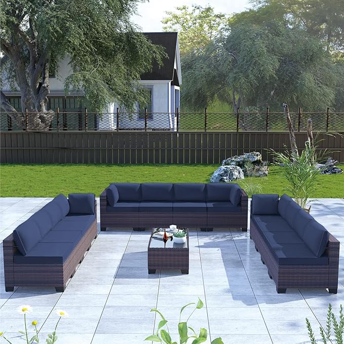 Kullavik 14 Pieces Outdoor Patio Furniture Set PE Wicker Rattan Sectional Sofa