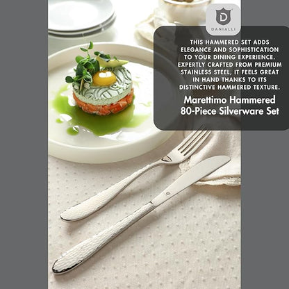 Silverware Set for 16 | 18/10 Stainless Steel Flatware Set | Mirror Finish, Heavy-Duty, Dishwasher Safe, Elegant & Durable, Built to Last (80-Piece, Marettimo Hammered)