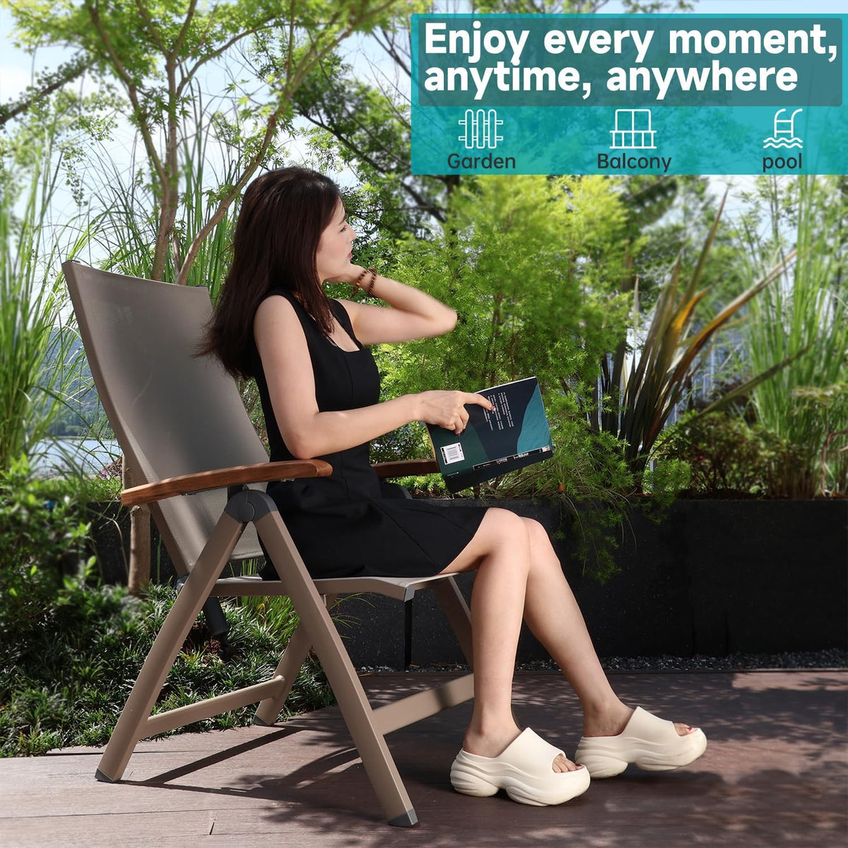 Adjustable Folding Chair, Indoor & Outdoor Balcony, Patio Porch, Garden Lawn, Pool, for Comfortable Foldable Chairs, Portable Cozy Recliner, Metal Frame with Teak armrest, Durable