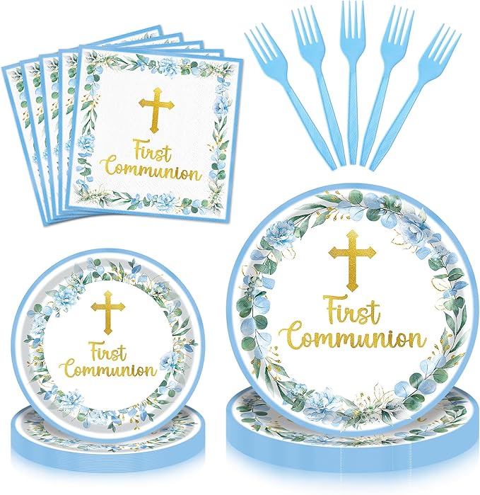 96 Pieces First Communion Floral Tableware Set – Blue Floral Cross Disposable